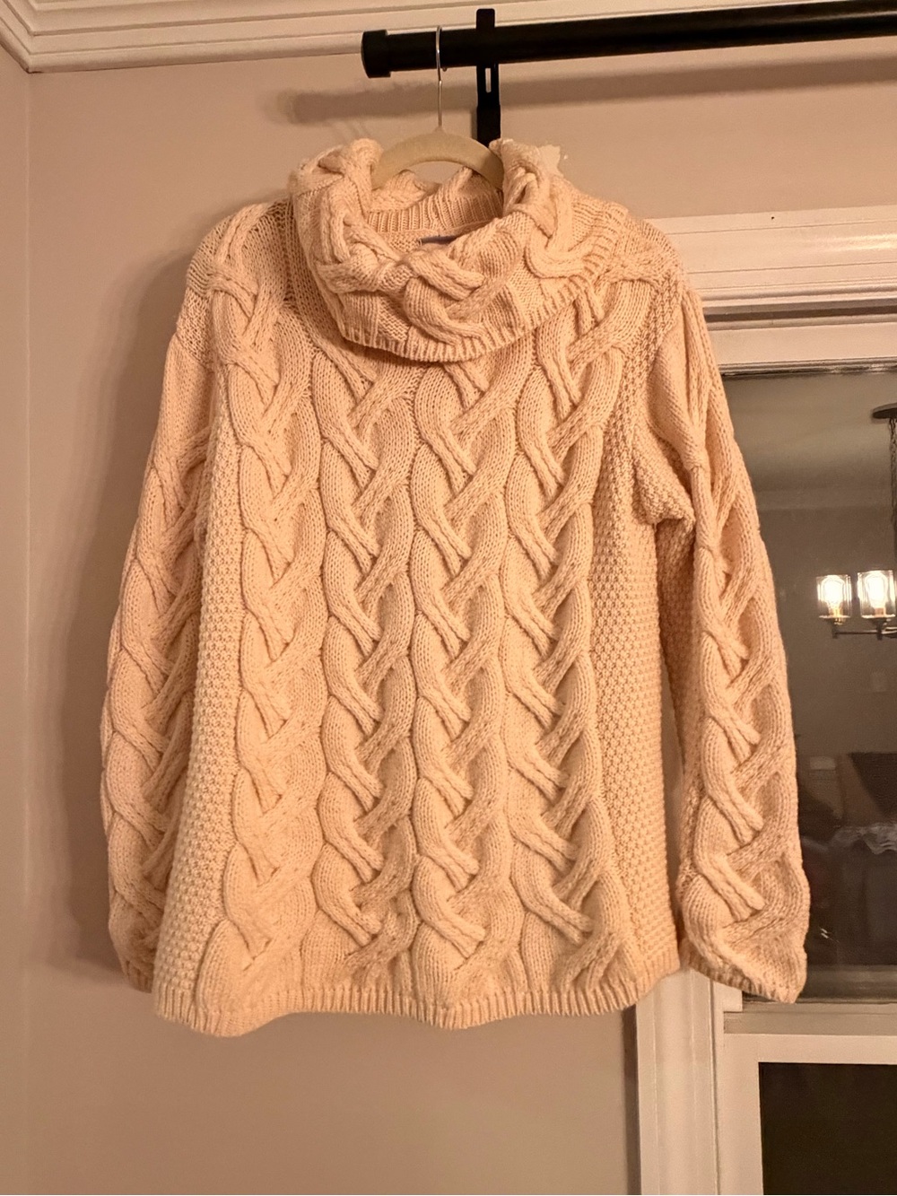 100% Irish Wool Chunky Cable Turtleneck Sweater - Cream, Size M